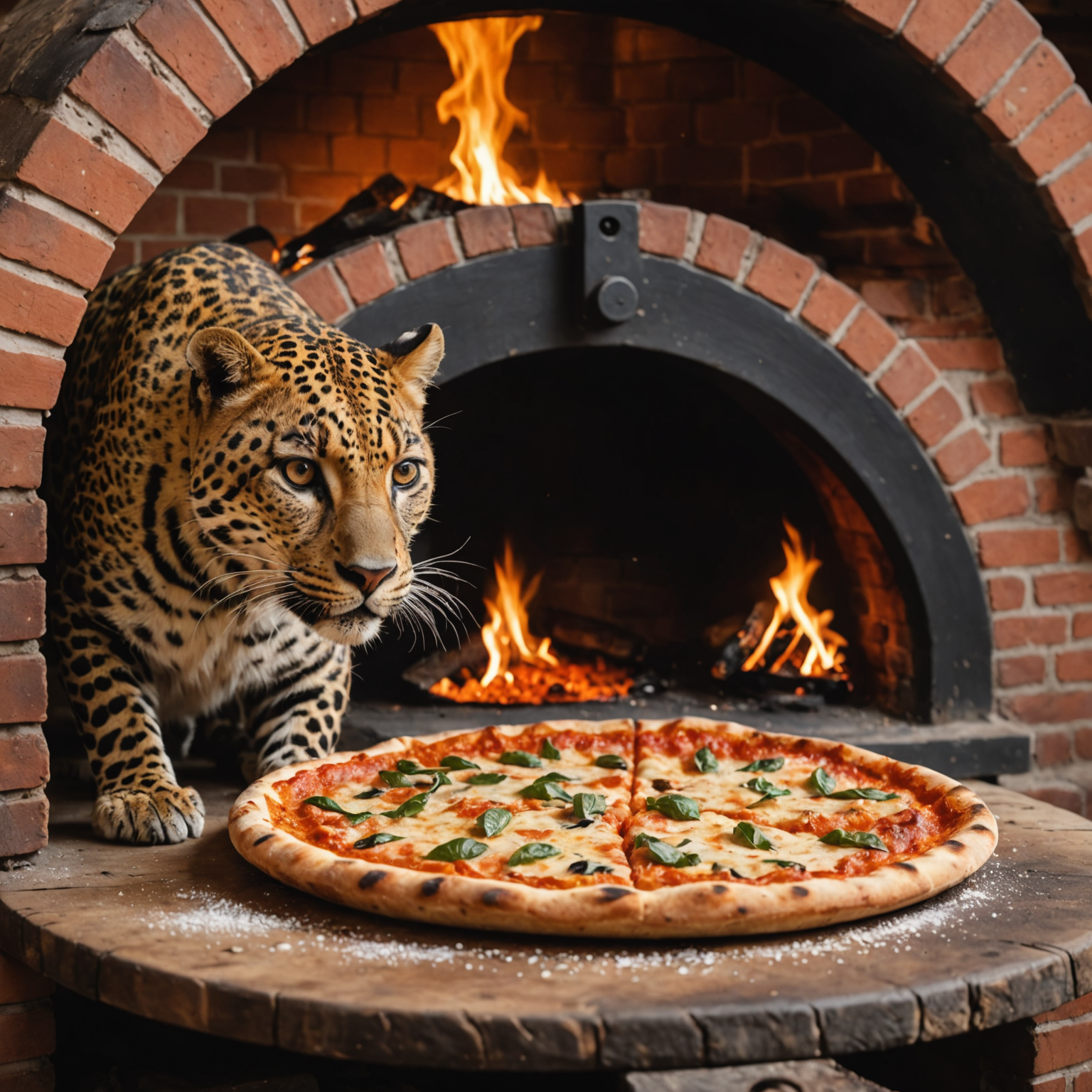 Perfectly cooked Neapolitan-style pizza being removed from wood-fired oven, showing characteristic leopard spotting and bubbled crust