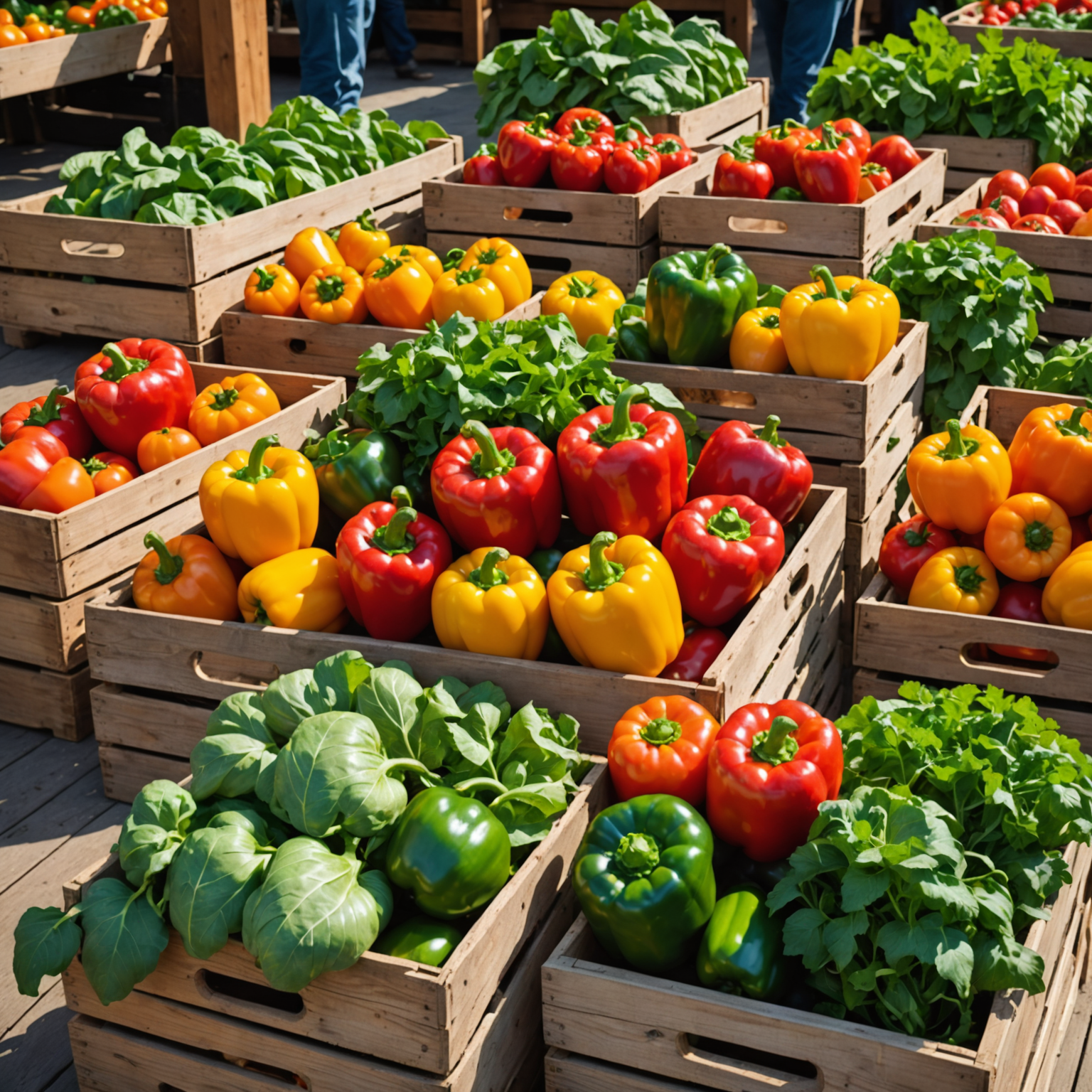 Vibrant display of fresh organic vegetables including colorful bell peppers, leafy greens, heirloom tomatoes, and herbs arranged in wooden crates at a Canadian farmers market, morning sunlight highlighting the natural colors and textures, farm landscape visible in background