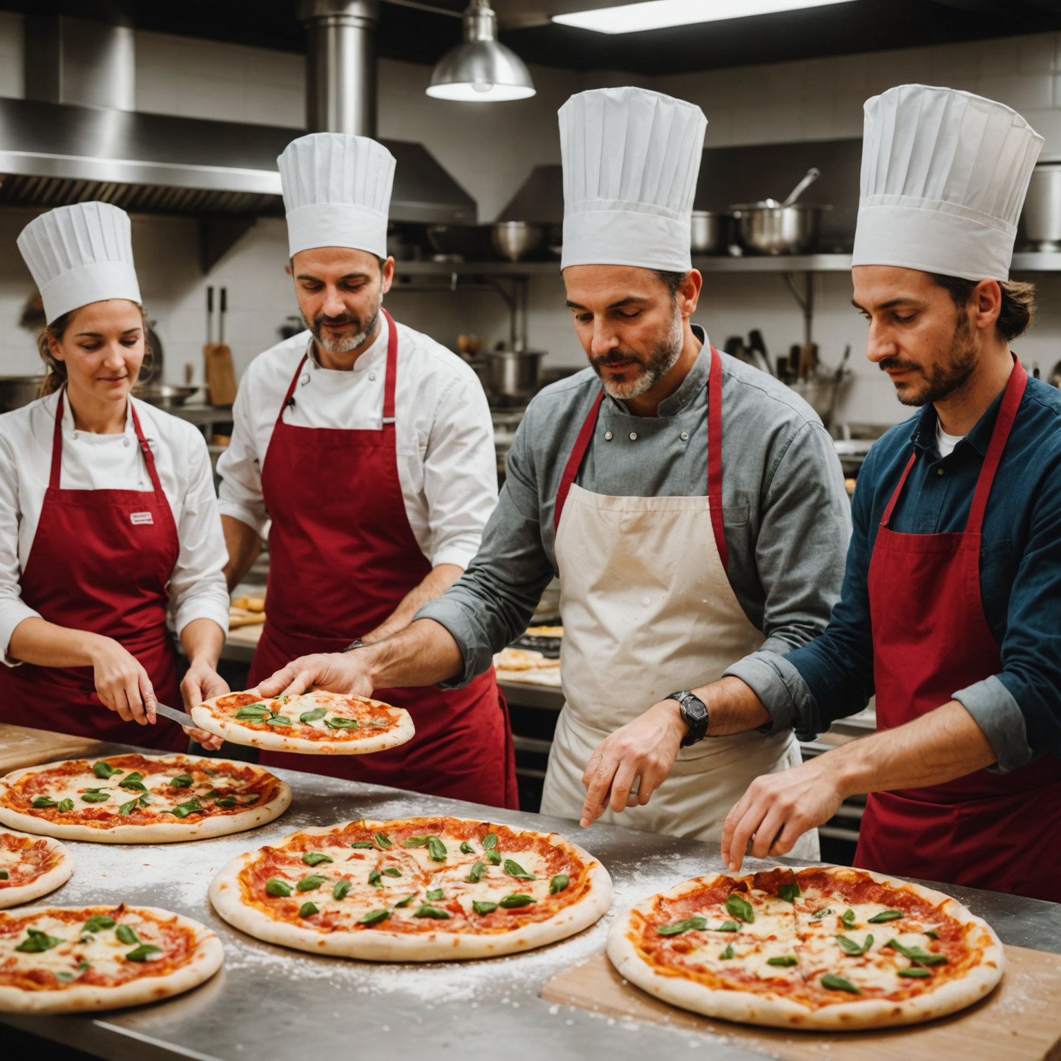 Interactive pizza making workshop with experienced Italian pizzaiolo instructor demonstrating dough tossing technique to enthusiastic group of students in professional kitchen, fresh ingredients and pizza-making equipment arranged on workstations