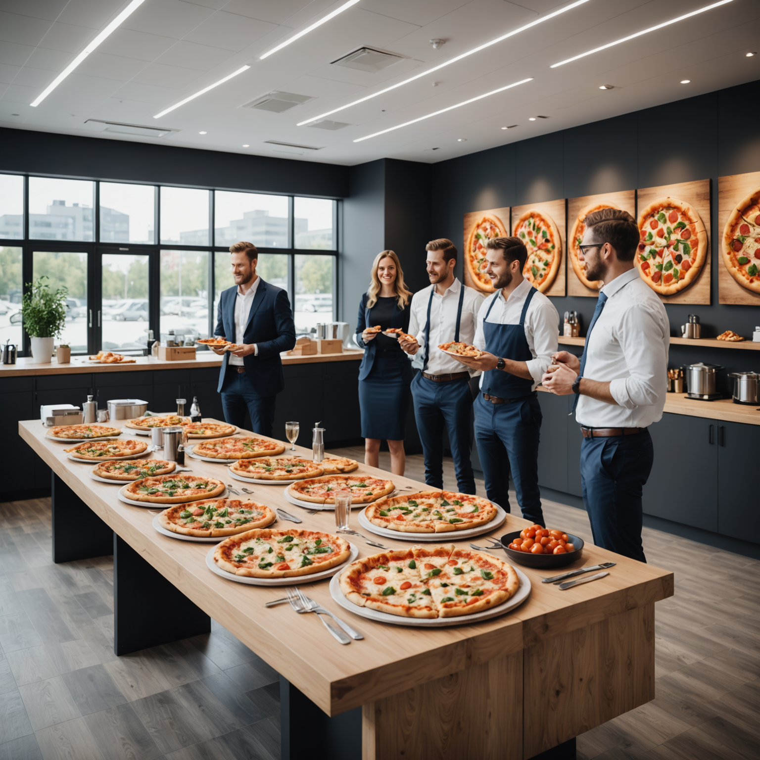 Professional corporate event with pizza catering setup in modern office space, business professionals enjoying lunch, sleek presentation with branded materials, and efficient service station