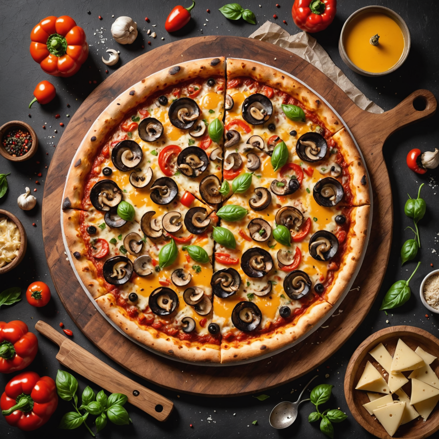Beautifully finished custom pizza fresh from wood-fired oven with golden-brown crust, perfectly melted cheese, and colorful array of toppings including peppers, mushrooms, and meats, steam rising from hot pizza, rustic wooden serving board