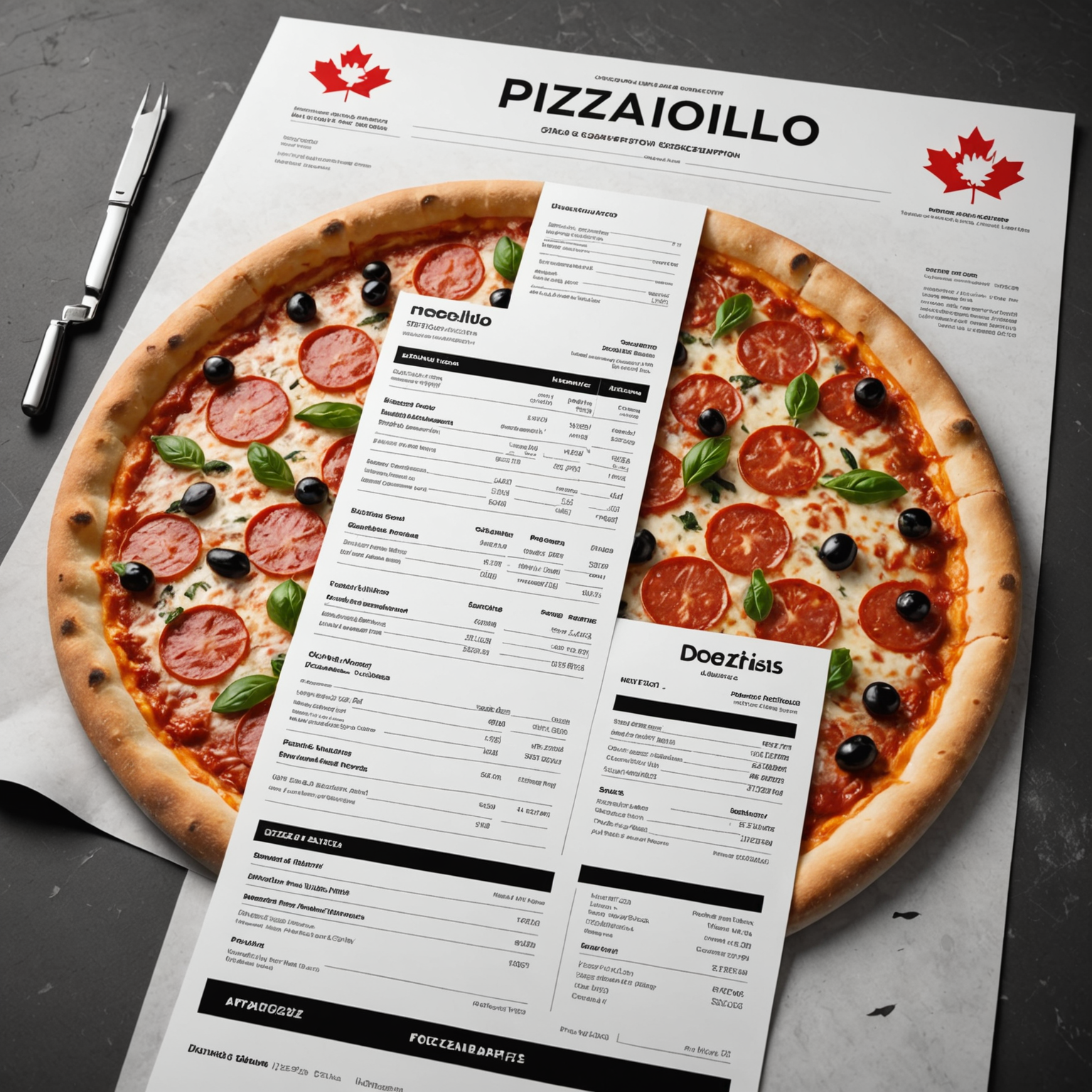 Professional detailed monthly invoice for corporate pizzaiolo pizza subscription showing itemized orders, discounts, and payment terms for Canadian business
