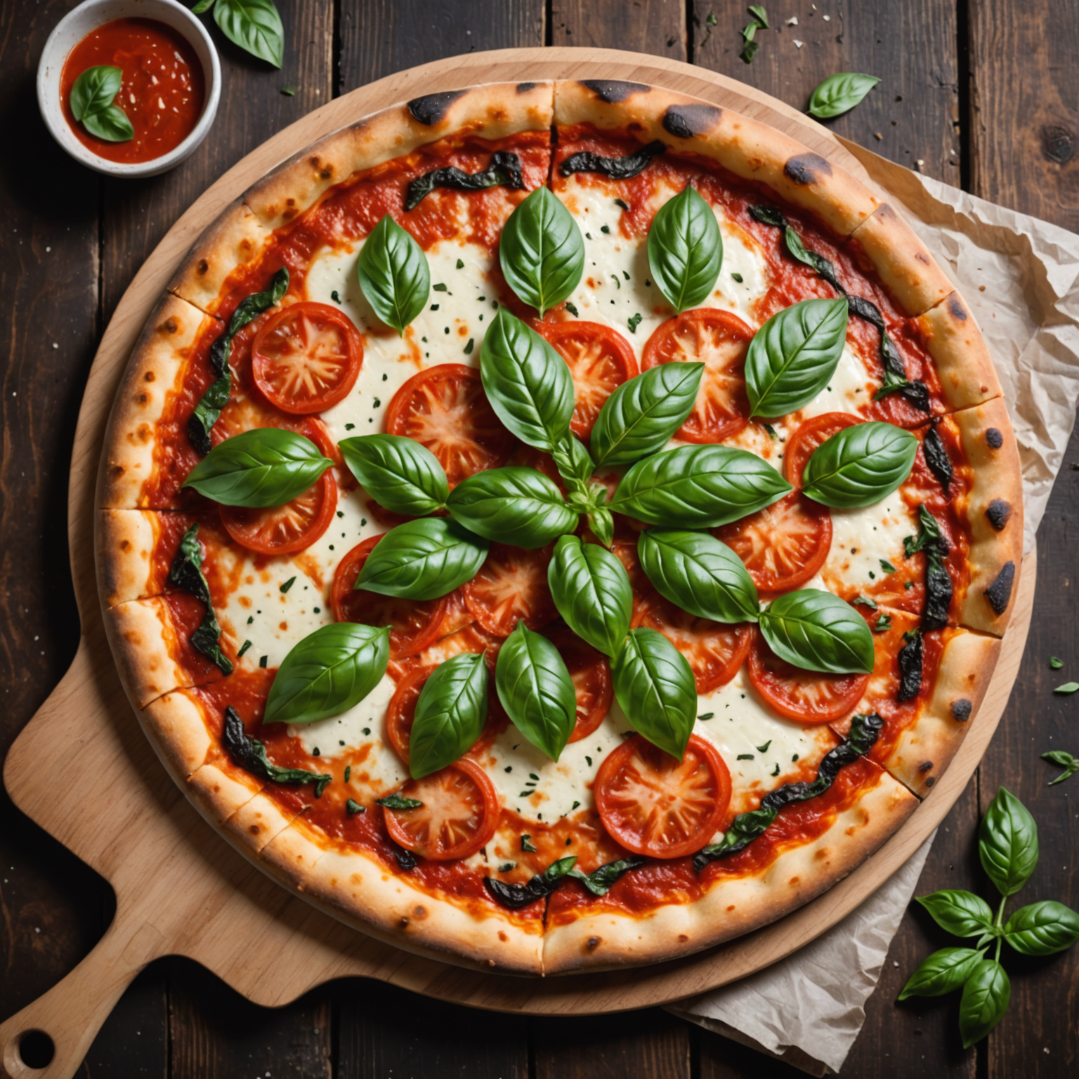 Perfectly baked Margherita pizza with melted mozzarella, fresh basil leaves, and charred crust spots, displayed on a wooden pizza peel, showing the classic simplicity of traditional Neapolitan pizza