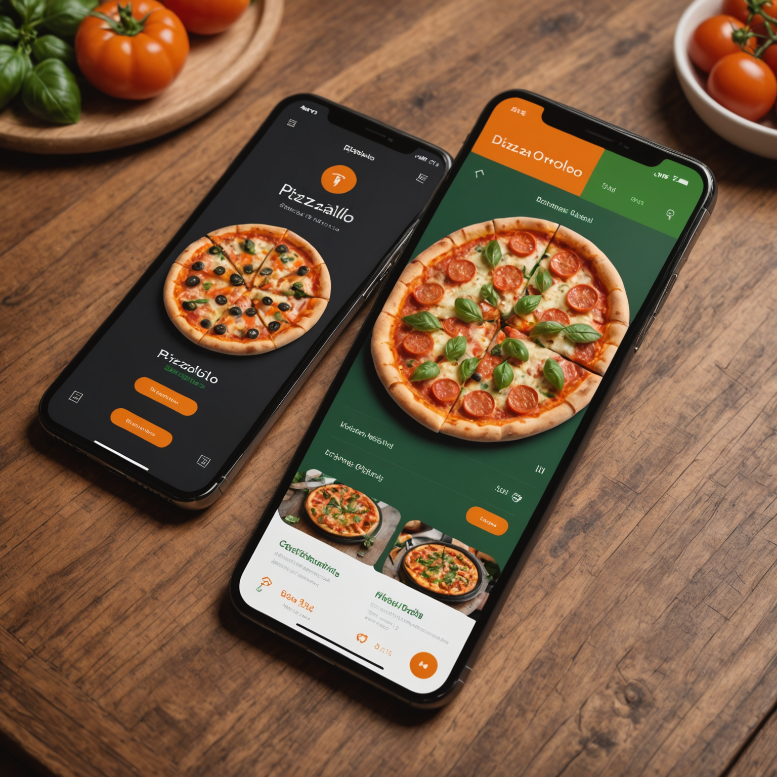 Modern smartphone displaying Pizzaiolo mobile app interface with pizza menu, easy ordering buttons, delivery tracking, and user-friendly design with the restaurant's signature green and orange colors