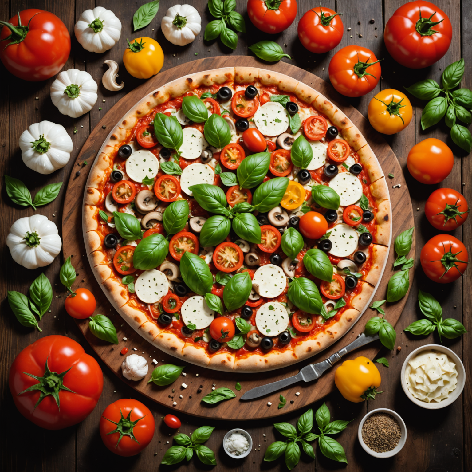 Colorful display of fresh pizza ingredients including ripe tomatoes, fresh basil leaves, mozzarella cheese, mushrooms, bell peppers, and Italian herbs arranged on a wooden cutting board
