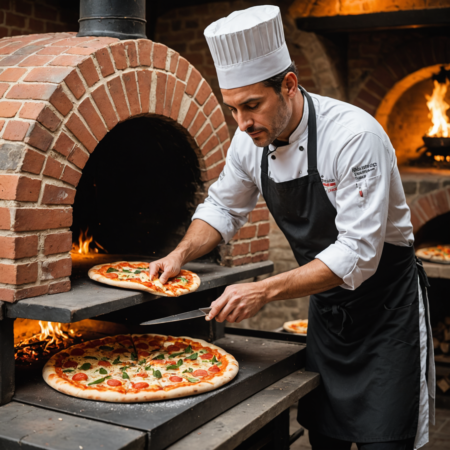 Chef Marco using traditional long wooden peel to rotate pizza inside the 900-degree wood-fired oven for even cooking