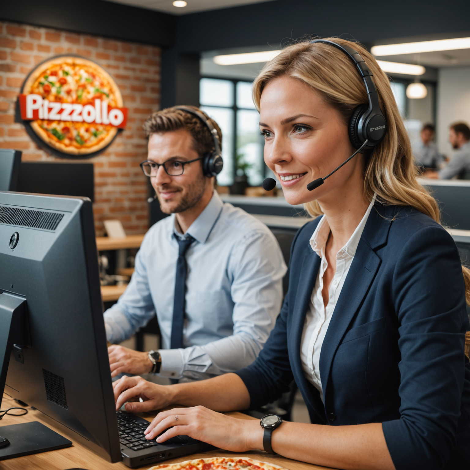 Friendly customer service agent wearing headset working at computer helping customer with pizzaiolo pizza order in bright, modern support center environment