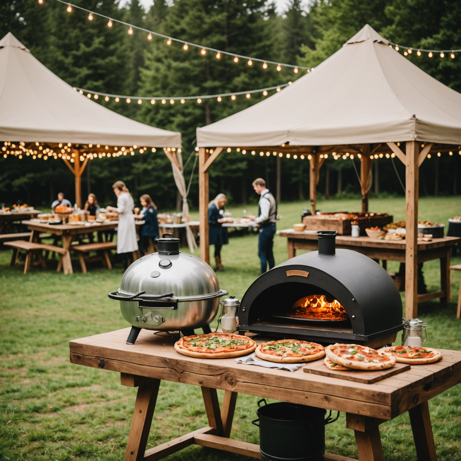 Beautiful outdoor event catering setup with mobile pizza oven under tent, rustic wooden tables, string lights, guests mingling around pizza station, and scenic natural backdrop