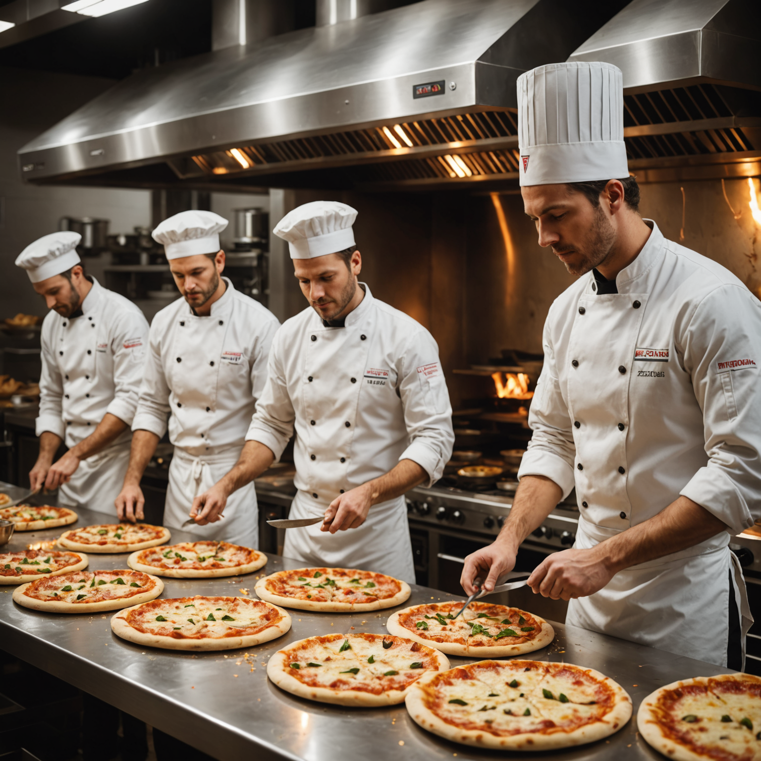 Group of professional pizzaiolos in traditional white uniforms working together in modern commercial kitchen, wood-fired pizza oven glowing in background, team preparing multiple custom pizzas with fresh ingredients on stainless steel counters, warm ambient lighting