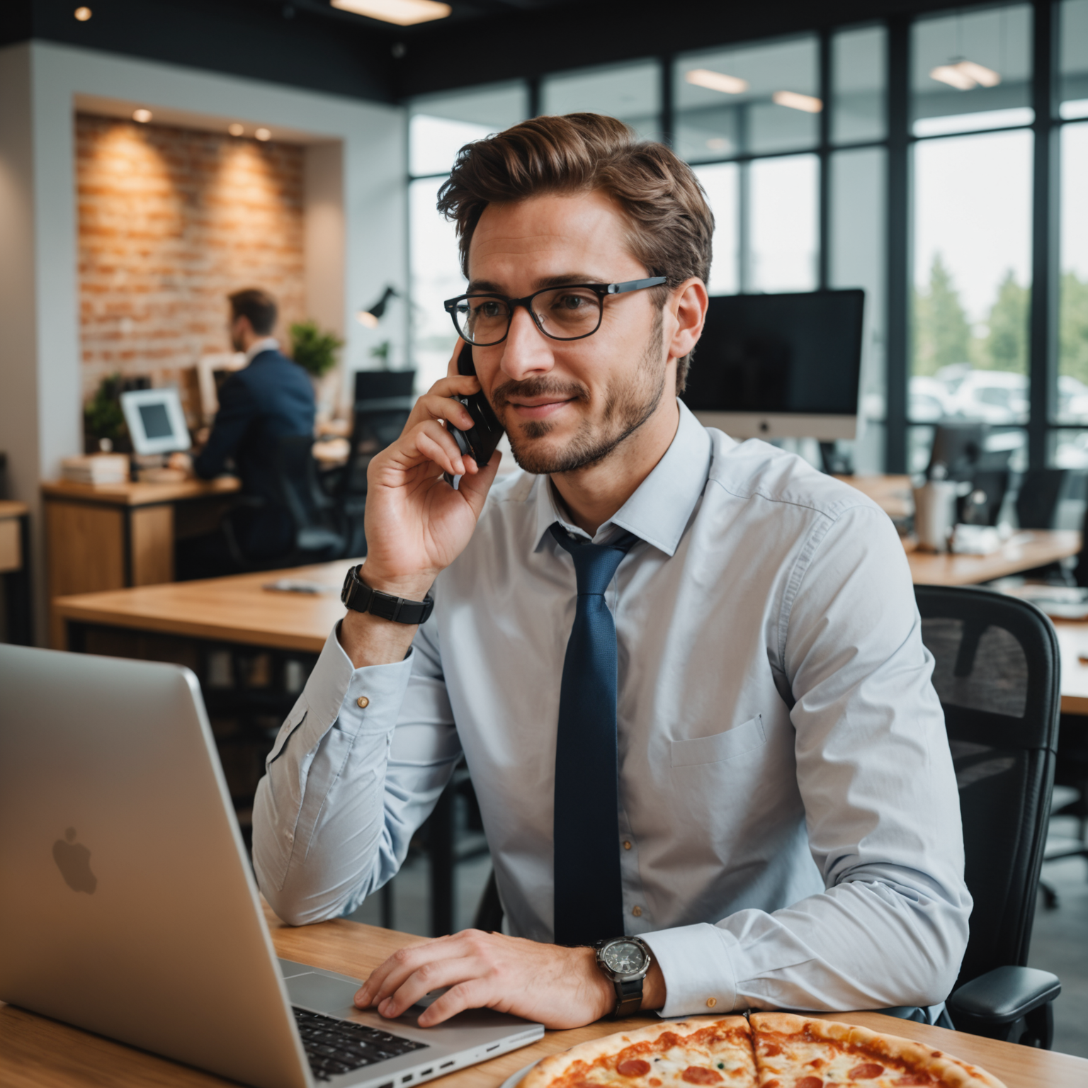 Professional pizzaiolo account manager providing personalized support to corporate client via phone and computer in modern Canadian office environment