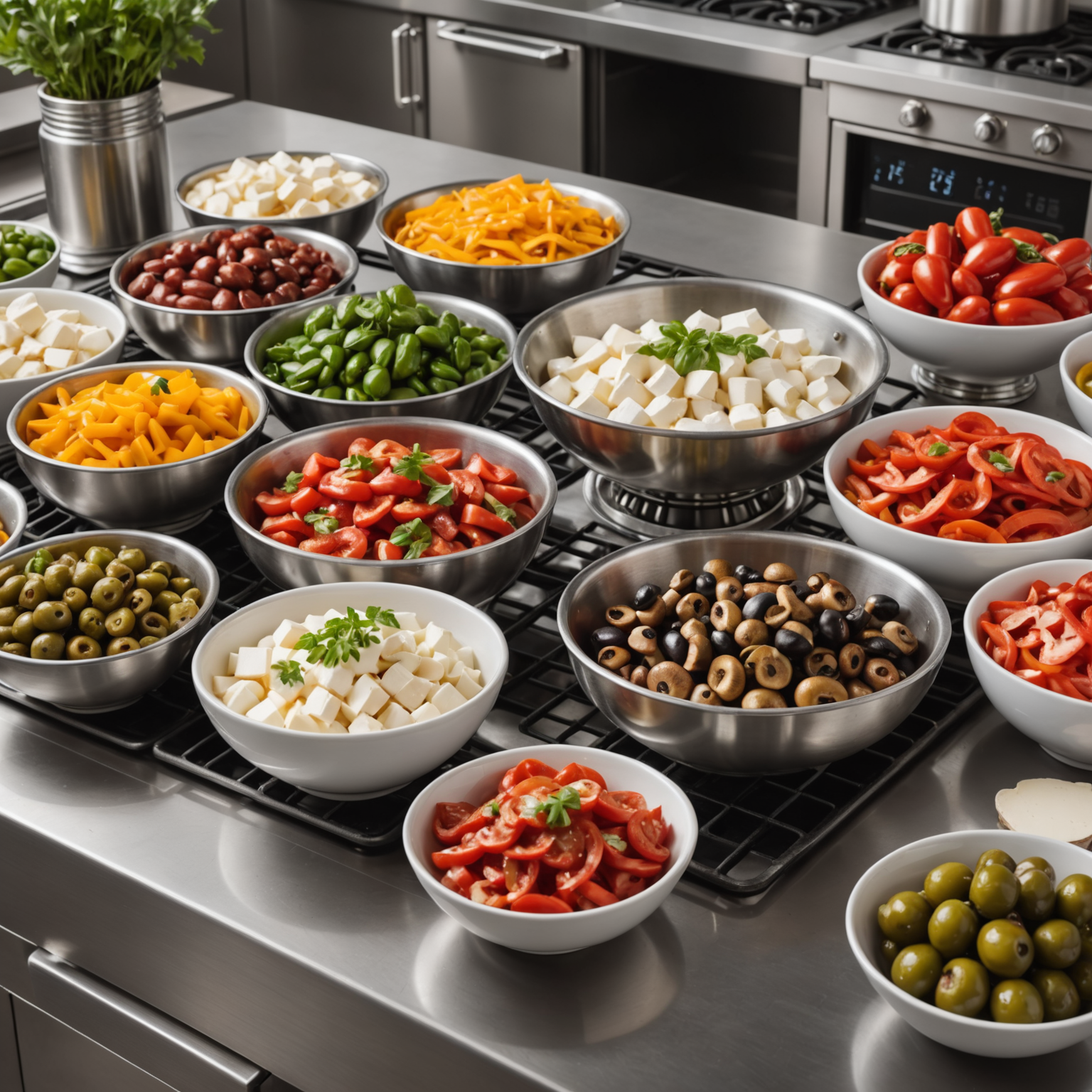 Organized topping station with small bowls containing various fresh ingredients including sliced mushrooms, pepperoni, bell peppers, olives, fresh mozzarella, and herbs, arranged on a stainless steel counter