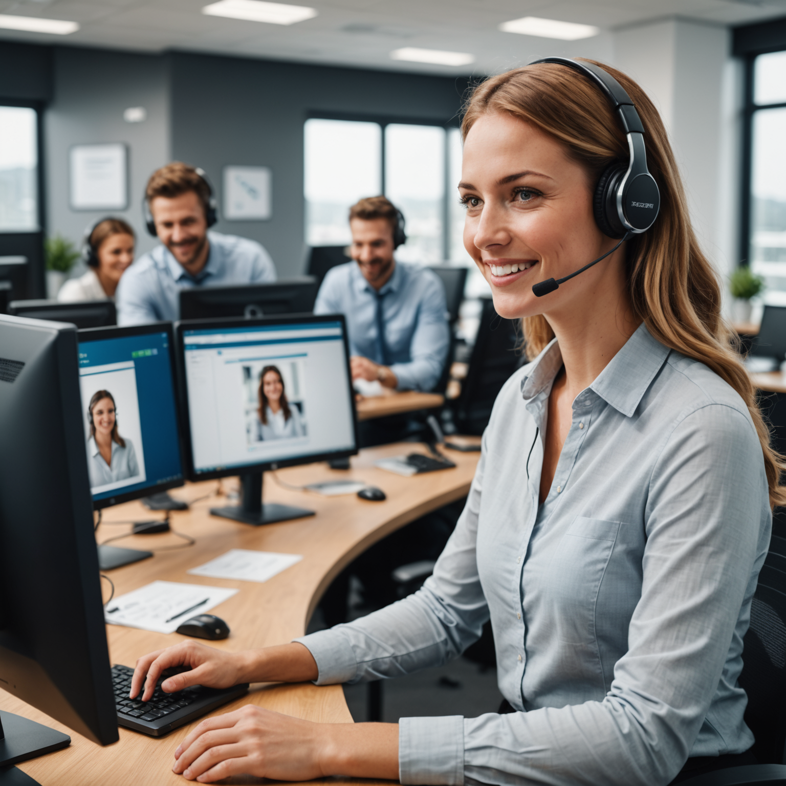 Friendly Pizzaiolo customer service representative with headset in modern office environment, smiling while assisting customers, with computer screens showing order management system
