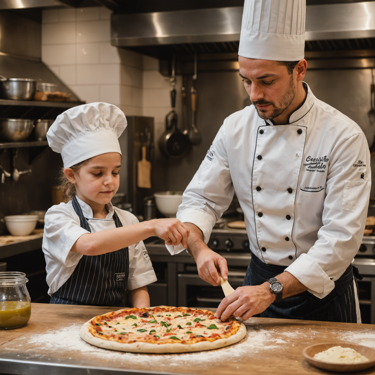 Head Chef Marco Benedetti teaching a young apprentice the traditional technique of hand-stretching pizza dough in Pizzaiolo's kitchen