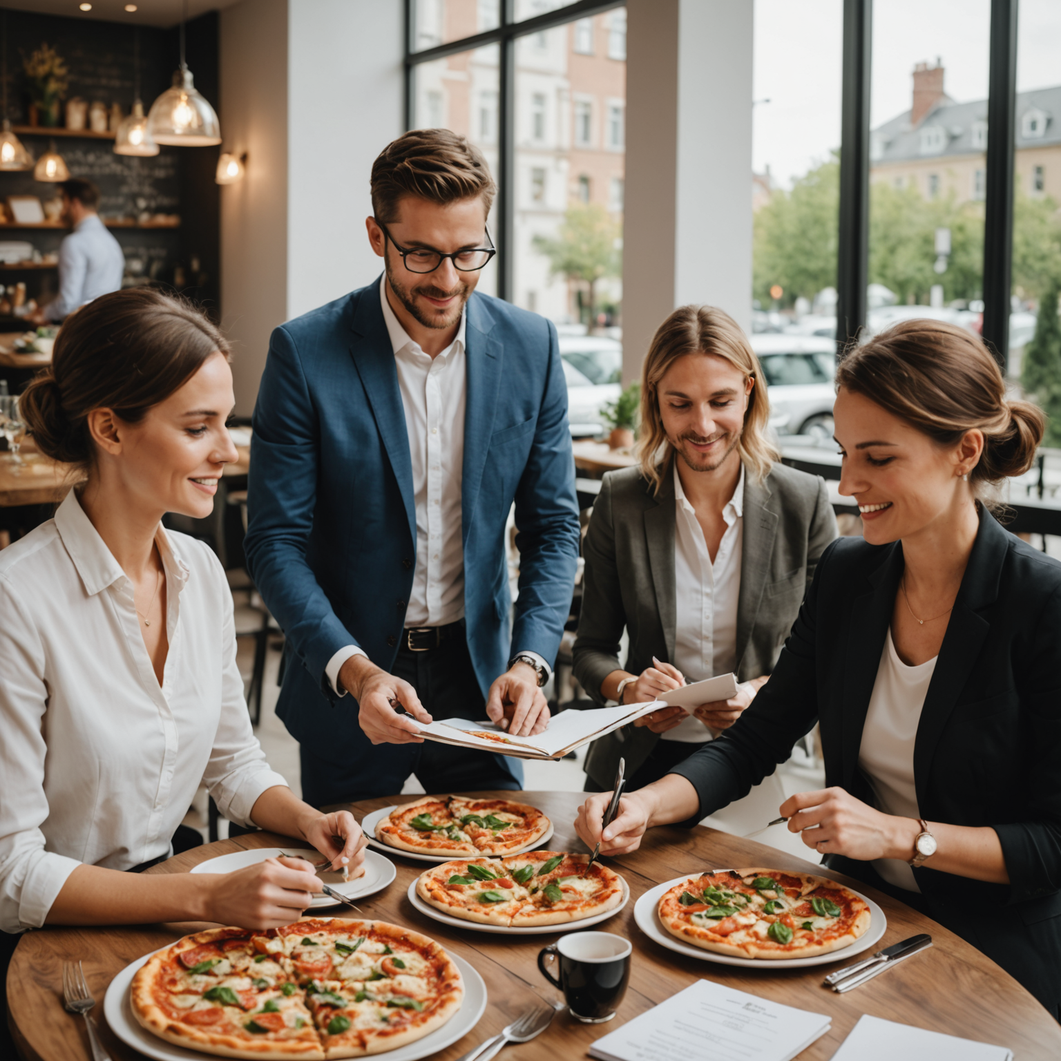 Catering coordinator meeting with clients at elegant table, reviewing menu options and event plans, with sample pizzas and ingredient displays, professional consultation atmosphere with notebooks and planning materials