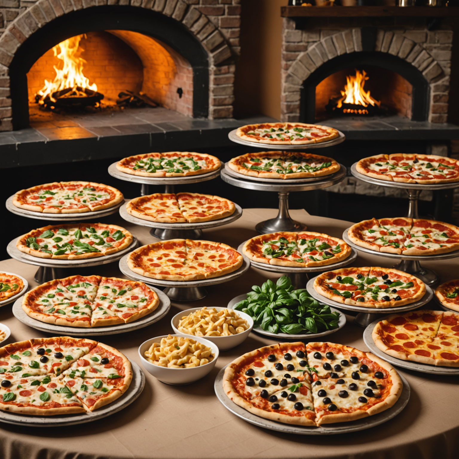 Elegant pizzaiolo pizza catering setup for corporate event with multiple specialty pizzas, appetizers, and professional presentation in Canadian business venue