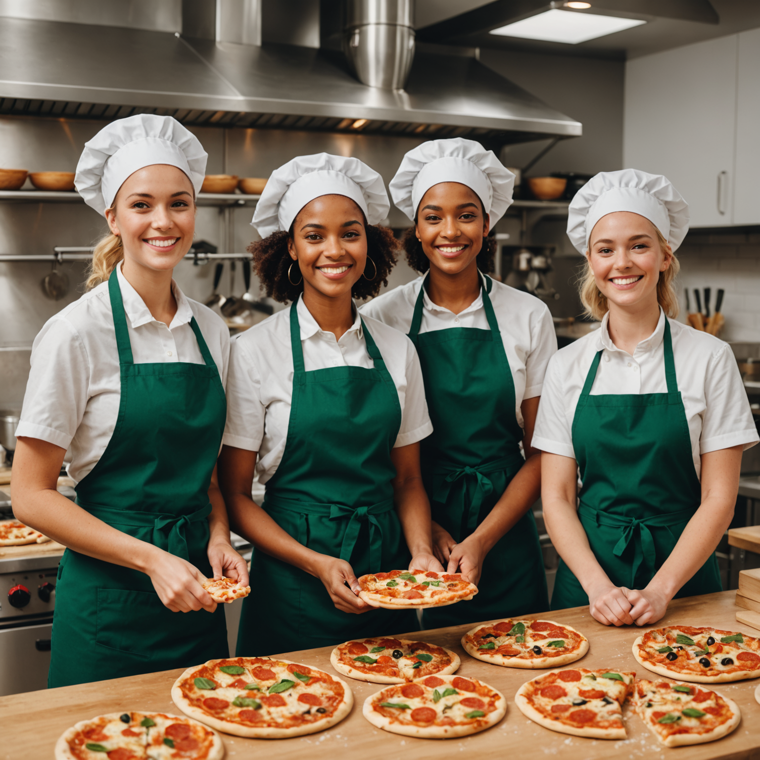 Group of diverse students in aprons smiling and holding their freshly made pizzas, standing together in a professional kitchen classroom with their instructor, celebrating their pizza making achievements