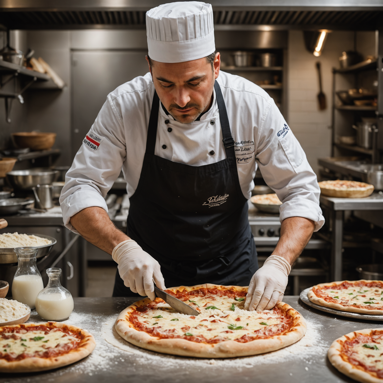 Head chef Marco Benedetti working with artisanal pizza dough in professional kitchen, surrounded by imported Italian flour and traditional pizza-making tools