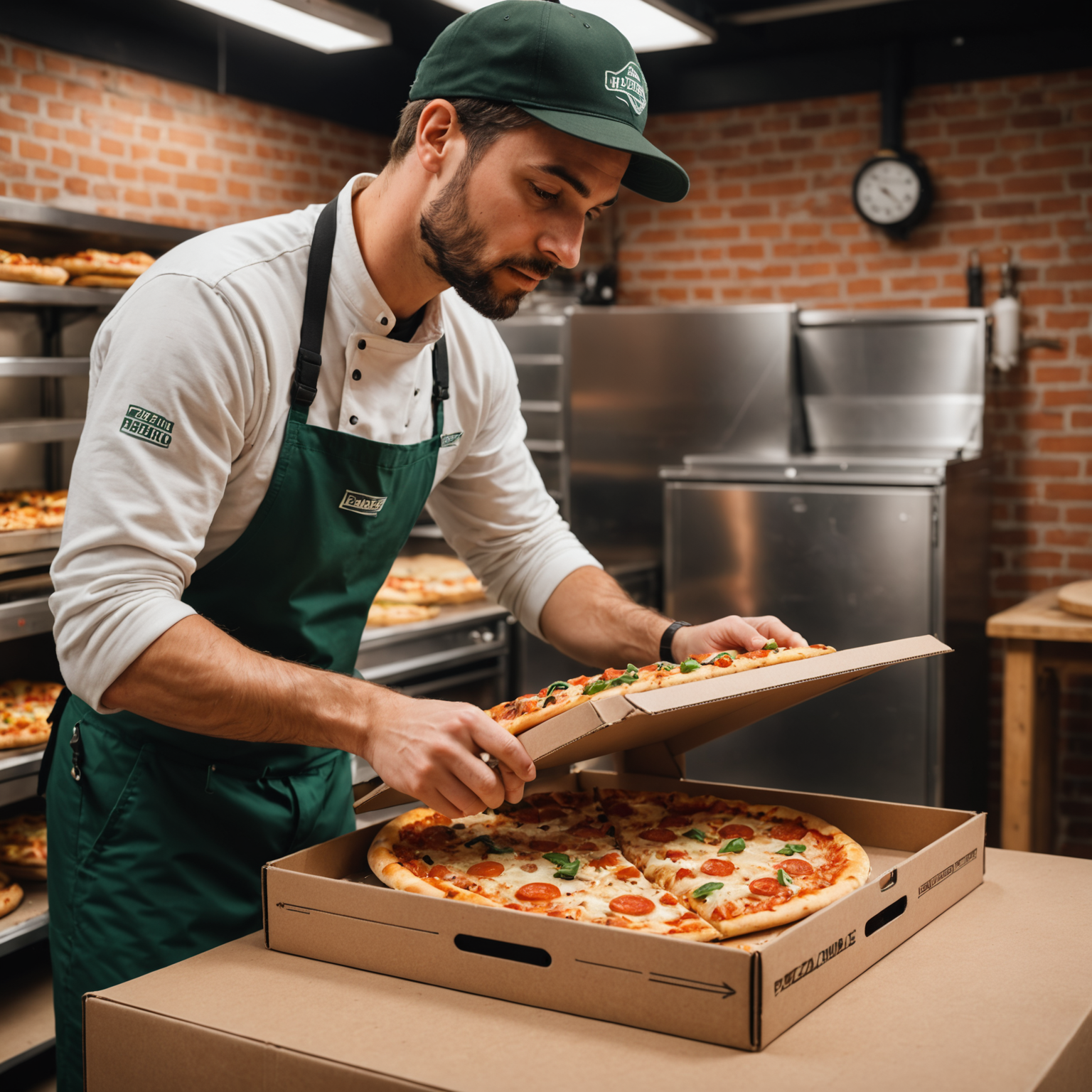Pizzaiolo delivery team member carefully placing freshly made pizza into custom-designed insulated delivery box with ventilation system