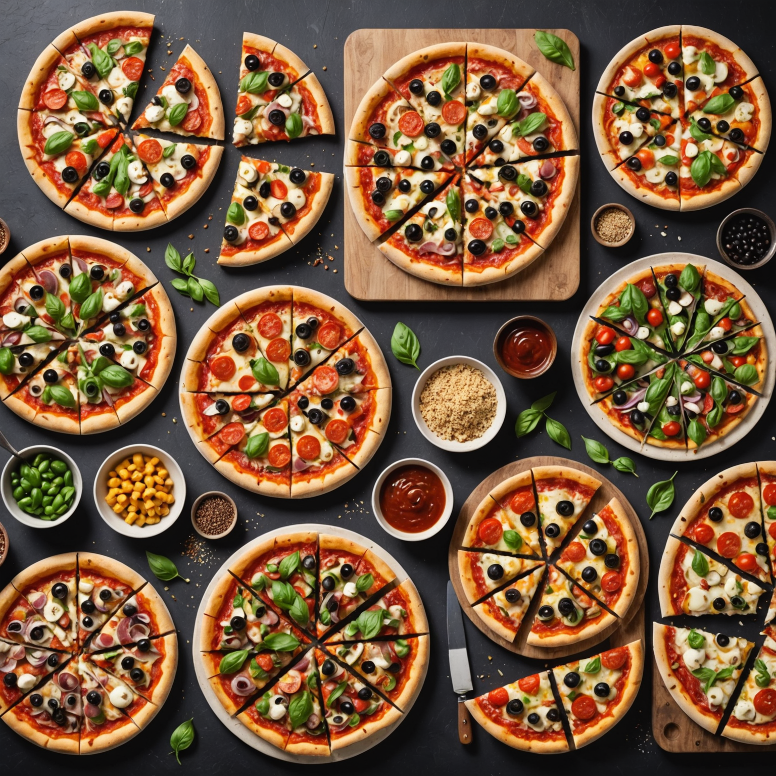 Array of specialty pizzas including gluten-free, vegan, and traditional options beautifully arranged on serving boards, with clear labeling cards, fresh ingredients displayed, and inclusive dining setup showing dietary accommodation