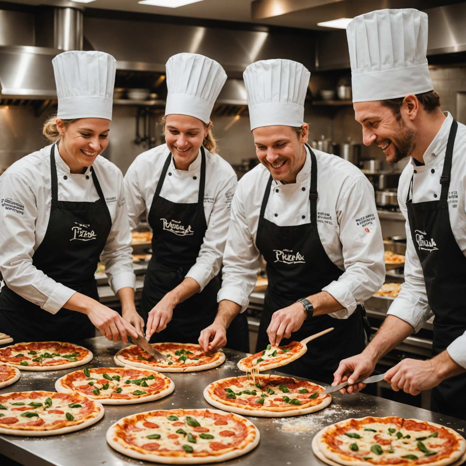 Corporate team building event with employees working together at multiple pizza making stations, collaborating on creating pizzas, laughing and engaging in a fun culinary team activity in a spacious professional kitchen