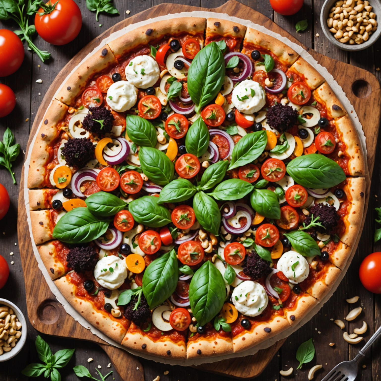 Delicious vegan pizza topped with cashew-based mozzarella, plant-based pepperoni, and colorful seasonal vegetables on rustic wooden serving board
