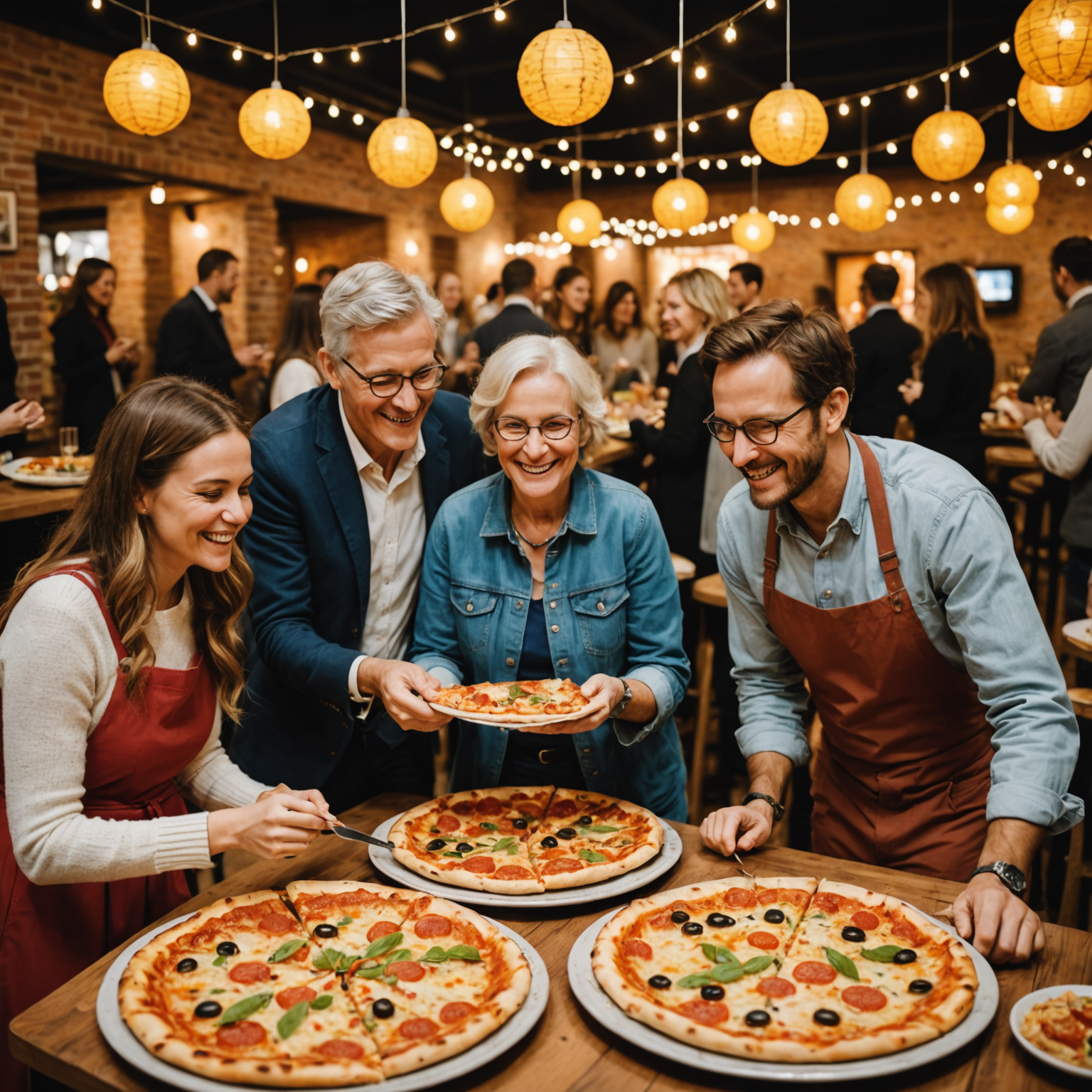Joyful event guests of diverse ages enjoying pizzas at celebration, smiling faces, people mingling around pizza station, festive atmosphere with decorations, capturing the memorable experience and guest satisfaction